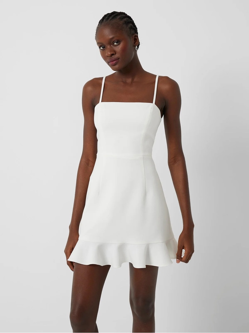 French Connection White Square-Neck Ruffle-Hem Mini Dress